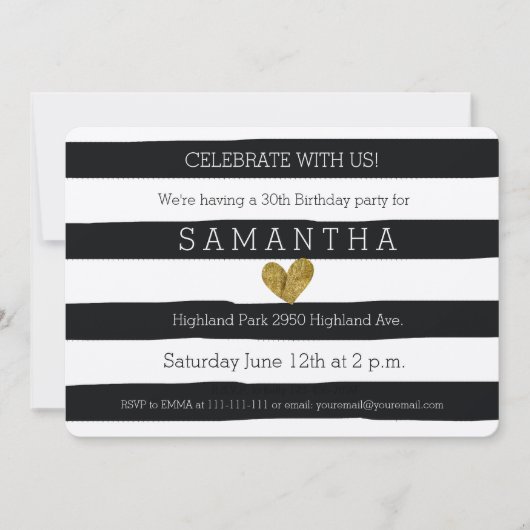 Invitation Anniversaire de Black and White Stripes Gold Heart (Devant)