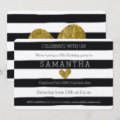 Invitation Anniversaire de Black and White Stripes Gold Heart (Devant / Derrière)