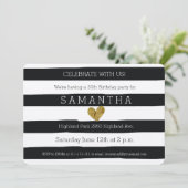 Invitation Anniversaire de Black and White Stripes Gold Heart (Debout devant)