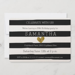 Invitation Anniversaire de Black and White Stripes Gold Heart