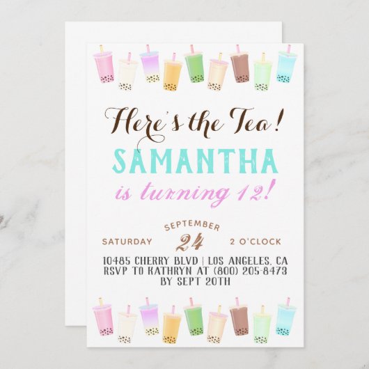 Invitation Anniversaire de Boba Tea (Devant / Derrière)