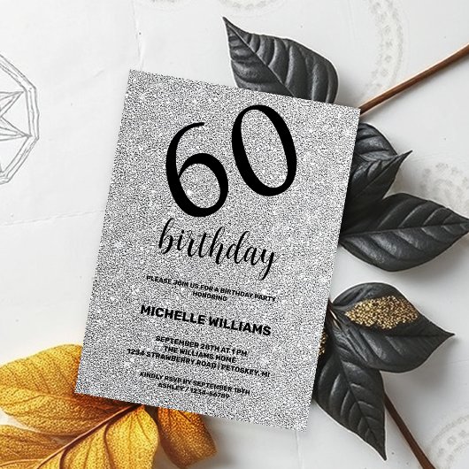 Invitation Anniversaire de calligraphie noire pailletée d'arg