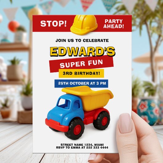 Invitation Anniversaire de camion de construction coloré