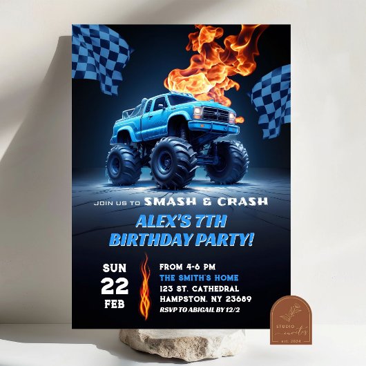 Invitation Anniversaire de camion monstre bleu