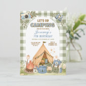 Invitation Anniversaire de camping garçons Bleu Sage Vert Ave (Debout devant)