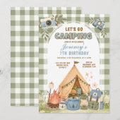Invitation Anniversaire de camping garçons Bleu Sage Vert Ave (Devant / Derrière)