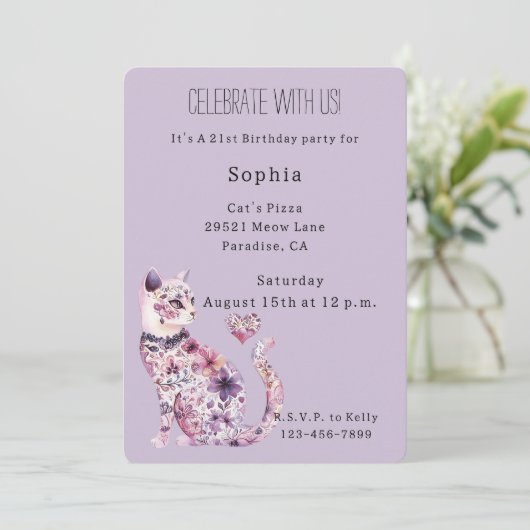Invitation Anniversaire de chat floral violet (Debout devant)