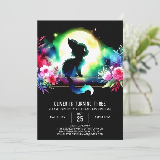 Invitation Anniversaire de chat rêvé enchanté (Debout devant)