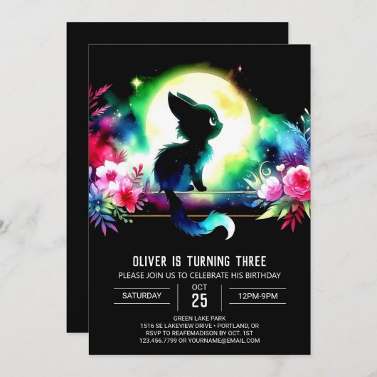 Invitation Anniversaire de chat rêvé enchanté (Devant / Derrière)