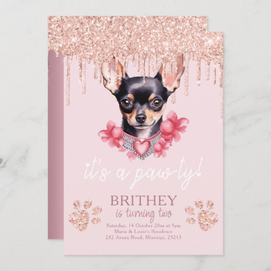 Invitation Anniversaire de Chien élégant avec Parties scintil (Devant / Derrière)