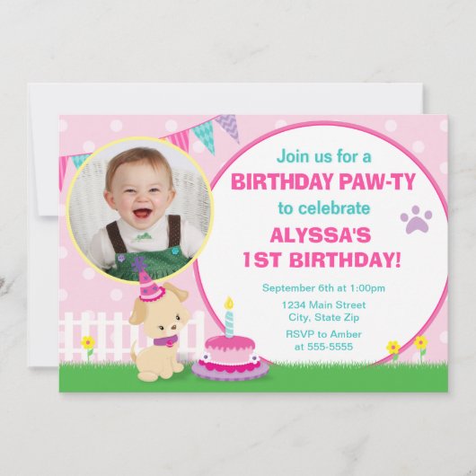 Invitation Anniversaire de Chien rose 5x7 Carte ph (Devant)