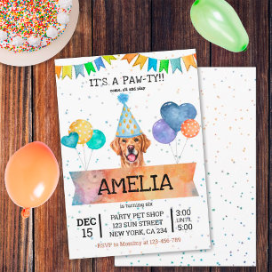 Invitation Anniversaire de chiot chien Retriever d'or Pawty