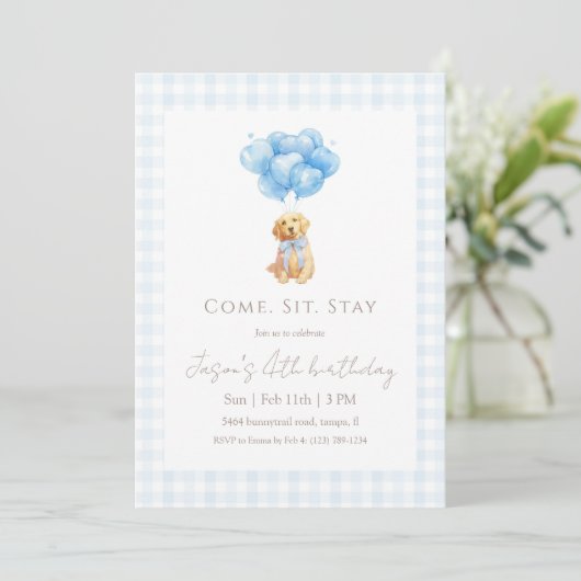 Invitation Anniversaire de chiot Retriever Gingham Bleu Doré (Debout devant)