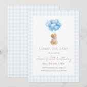 Invitation Anniversaire de chiot Retriever Gingham Bleu Doré (Devant / Derrière)