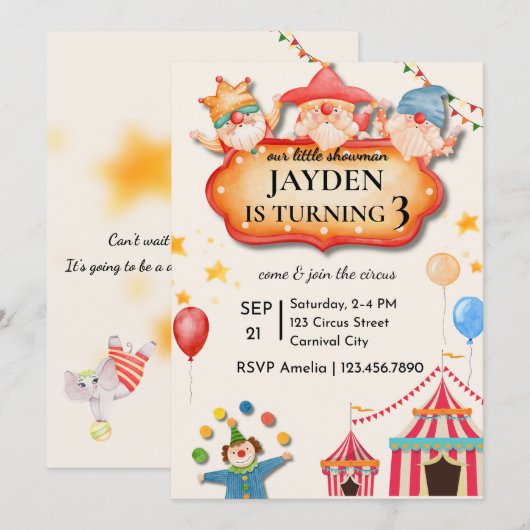Invitation anniversaire de cirque modifiable (Devant / Derrière)