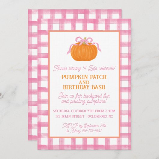Invitation Anniversaire de Citrouille rose (Devant / Derrière)