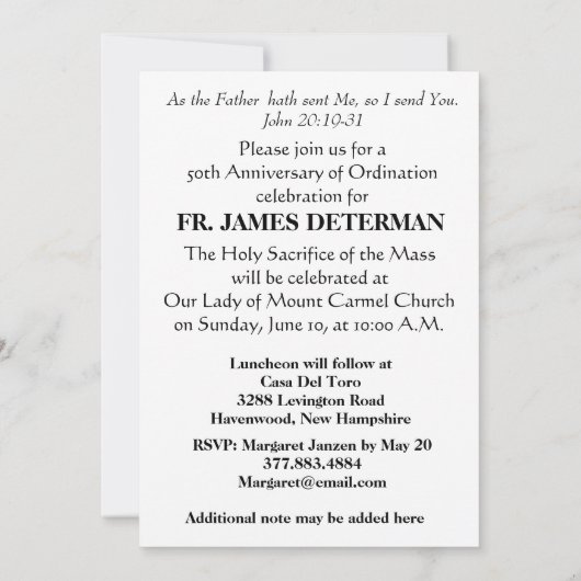 Invitation Anniversaire de classification de prêtre (Dos)