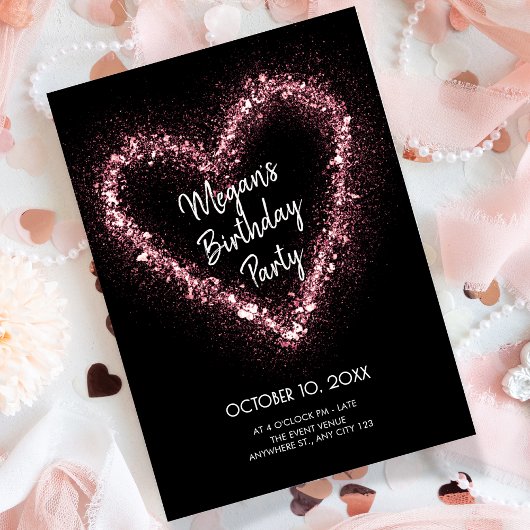 Invitation Anniversaire de coeur rose parties scintillant