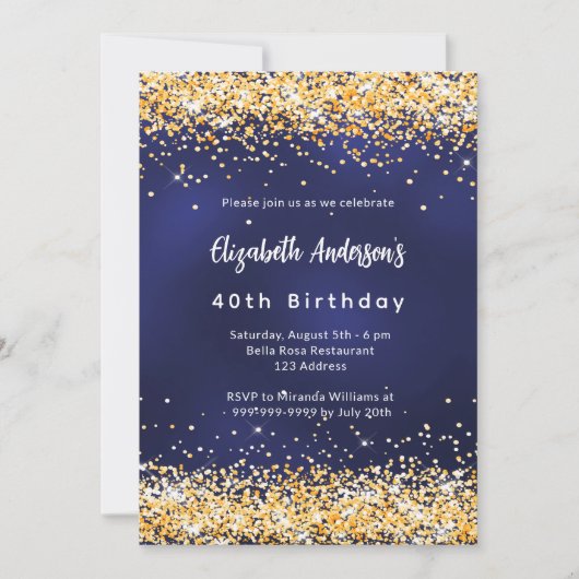 Invitation anniversaire de confetti bleu marine (Devant)