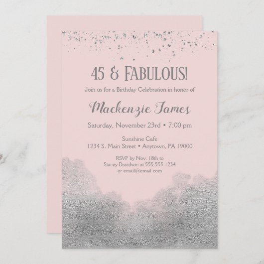 Invitation Anniversaire de Confetti en argent rose (Devant / Derrière)