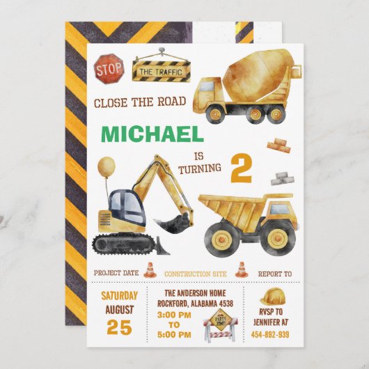 Invitation Anniversaire De Construction Pour Garço (Devant / Derrière)