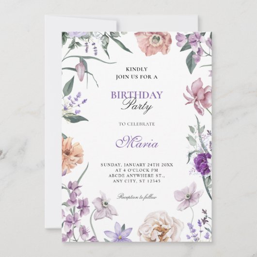 Invitation Anniversaire de couronnes florales pourpres (Devant)