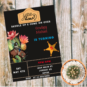 Invitation Anniversaire de cow-boy à cheval Cactus occidental