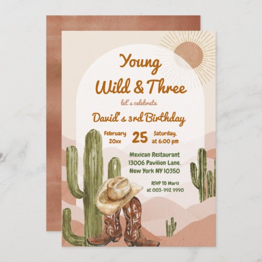 Invitation Anniversaire de Cowboy Young Wild et Three Desert (Devant / Derrière)