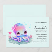 Invitation Anniversaire de Créature Marine Pieuvre Mignonne (Devant / Derrière)