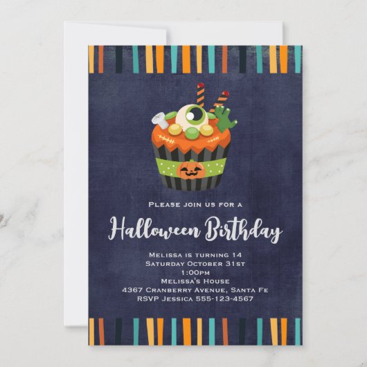 Invitation Anniversaire de Cupcake d'Halloween mignonne et Dé (Devant)