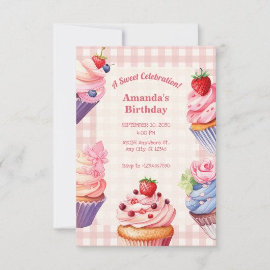 Invitation anniversaire de cupcake rose (Devant)