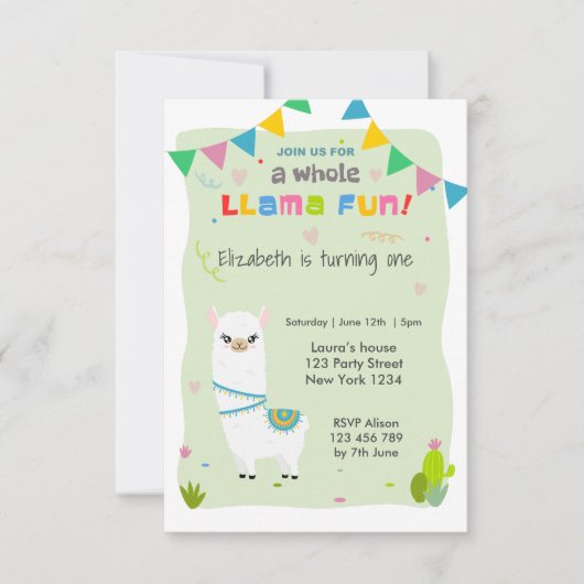 Invitation Anniversaire de Cute Llama (Devant)