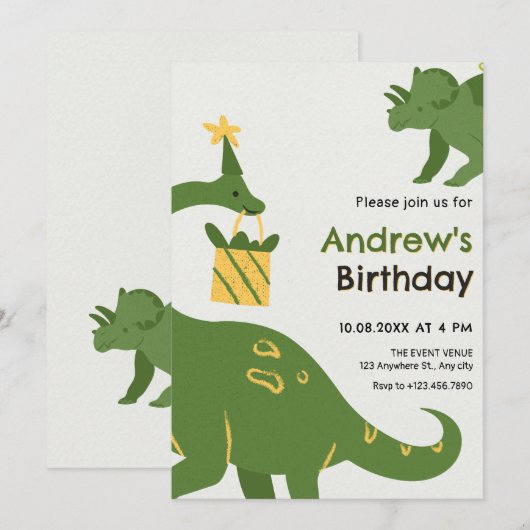 Invitation Anniversaire de dino vert (Devant / Derrière)