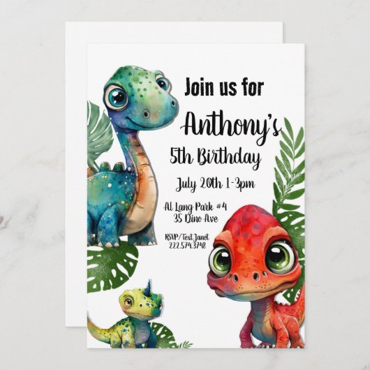 Invitation Anniversaire de Dinosaur (Devant / Derrière)
