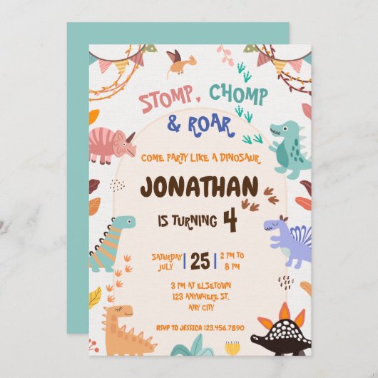 Invitation Anniversaire de Dinosaur (Devant / Derrière)