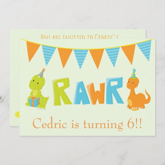 Invitation Anniversaire de Dinosaur (Devant / Derrière)