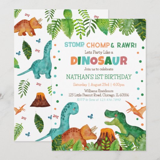 Invitation Anniversaire de Dinosaur (Devant / Derrière)