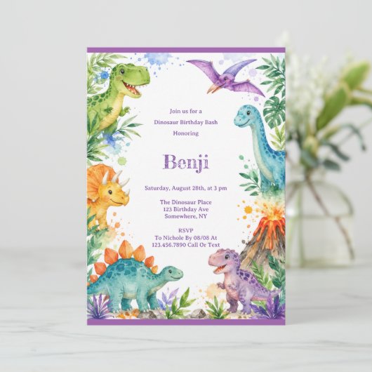 Invitation Anniversaire de dinosaure coloré (Debout devant)