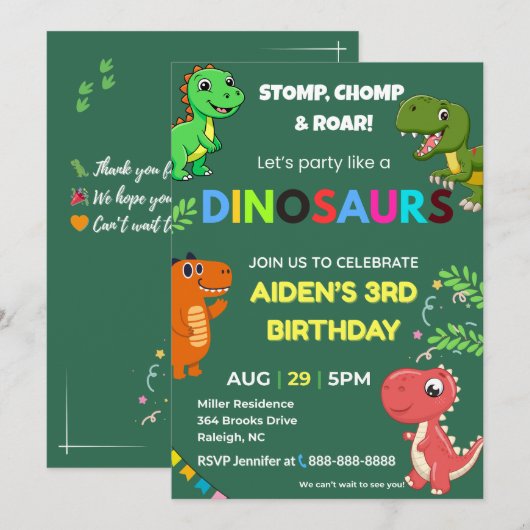 Invitation anniversaire de dinosaure modifiable (Devant / Derrière)