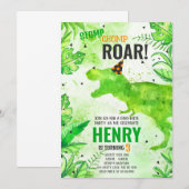 Invitation Anniversaire de dinosaure qui piétine, mâche et ru (Devant / Derrière)