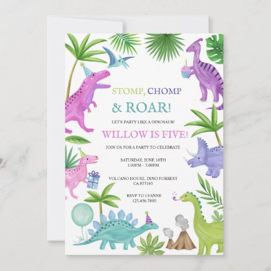 Invitation Anniversaire de Dinosaure Rose (Devant)