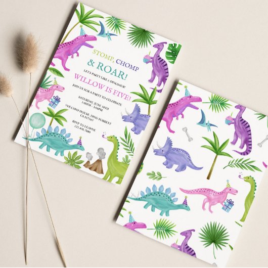 Invitation Anniversaire de Dinosaure Rose