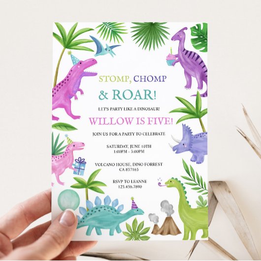 Invitation Anniversaire de Dinosaure Rose