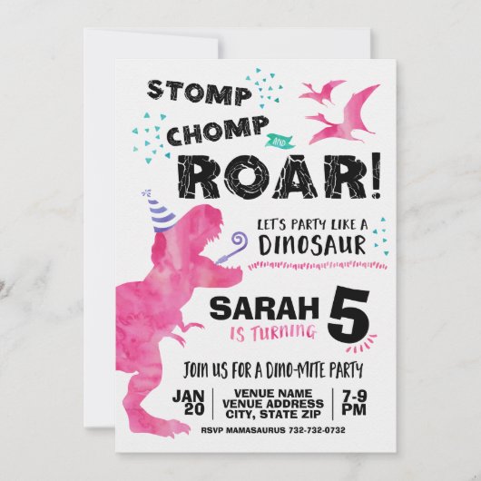 Invitation Anniversaire de Dinosaure Rose (Devant)