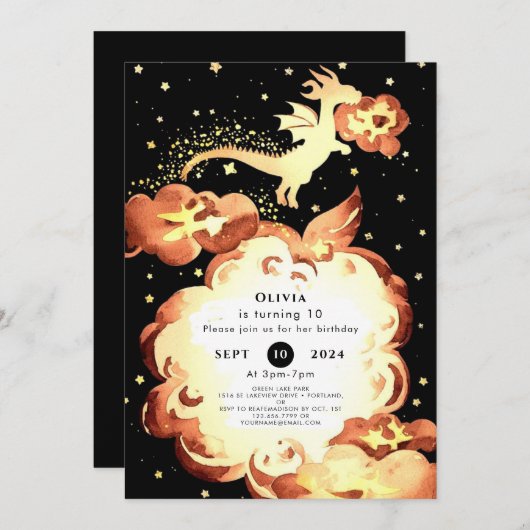 Invitation Anniversaire de dragon simple enchanté (Devant / Derrière)