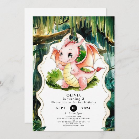 Invitation Anniversaire de Dragon Simple Enchanted (Devant / Derrière)
