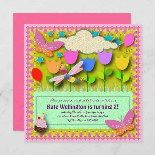 Invitation Anniversaire de enfant 057: Mon jardin (Devant / Derrière)