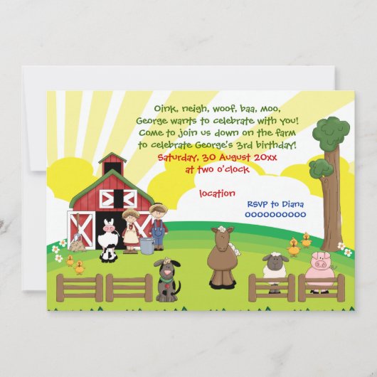 Invitation Anniversaire de enfant animal de ferme Barnyard (Devant)
