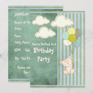 Invitation Anniversaire de enfant Bear Green Rustic Stripes