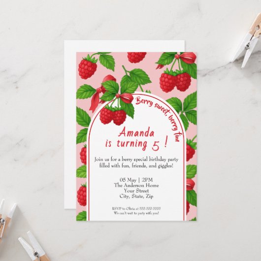 Invitation Anniversaire de enfant Berry Sweet Raspberry (Devant/Arrière en situation)